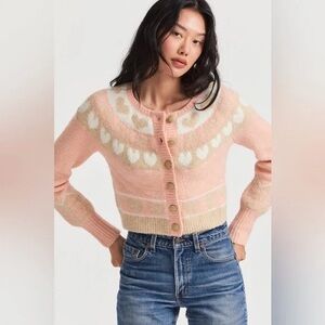 LoveShackFancy Dimples Heart Print Crop Cardigan in Champagne Toast